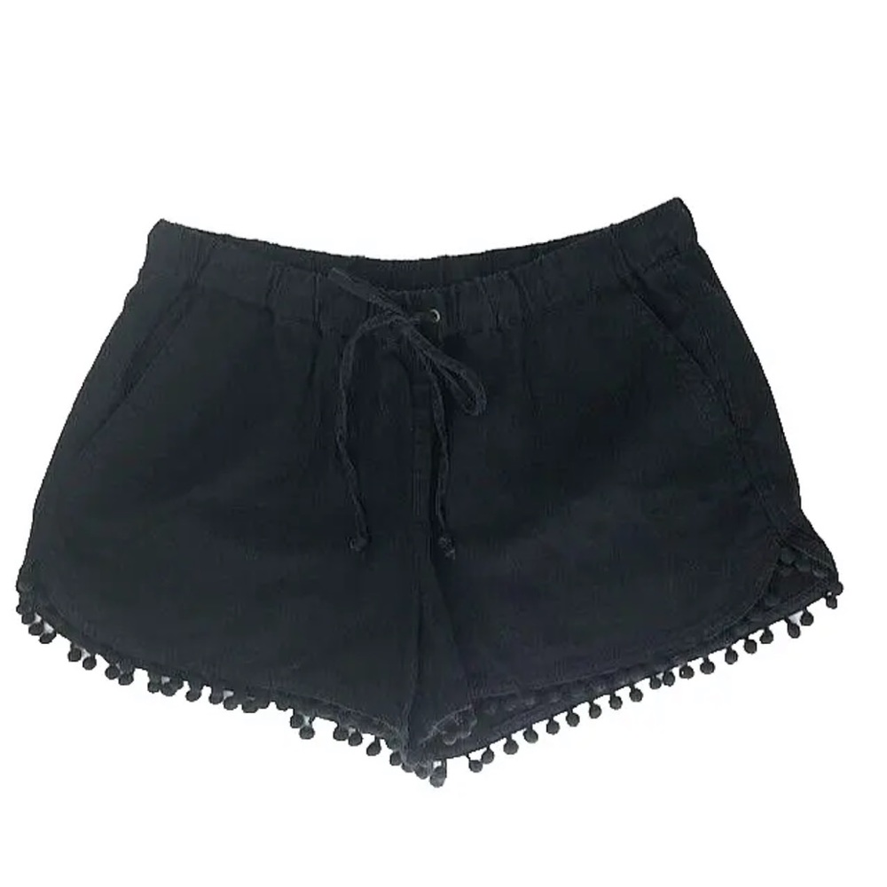 J CREW Pom Pom Linen Blend Shorts Black Drawstring Elastic Waist Pockets Size S